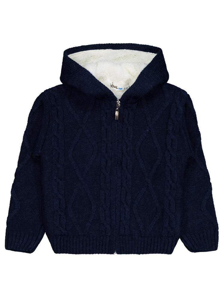 Civil Boys Saç Örgülü İçi Polarlı Kapşonlu 2-5 Yaş Hırka - Lacivert