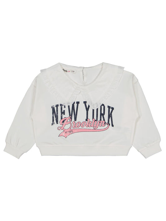 Civil Girls Kız Çocuk NewYork Baskılı Sweatshirt | 2 İp Uzun Kol | Okul Kreş ve Günlük Kullanım - Ekru