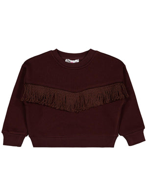 Civil Kız Çocuk Püsküllü Sweatshirt | 3 İp Uzun Kol Bisiklet Yaka | Okul Kreş ve Günlük Kullanım - Kahve