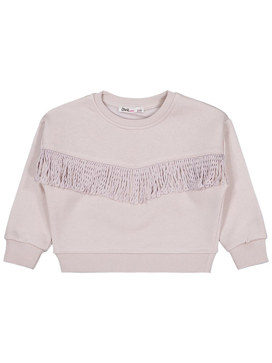 Civil Kız Çocuk Püsküllü Sweatshirt | 3 İp Uzun Kol Bisiklet Yaka | Okul Kreş ve Günlük Kullanım - Bej