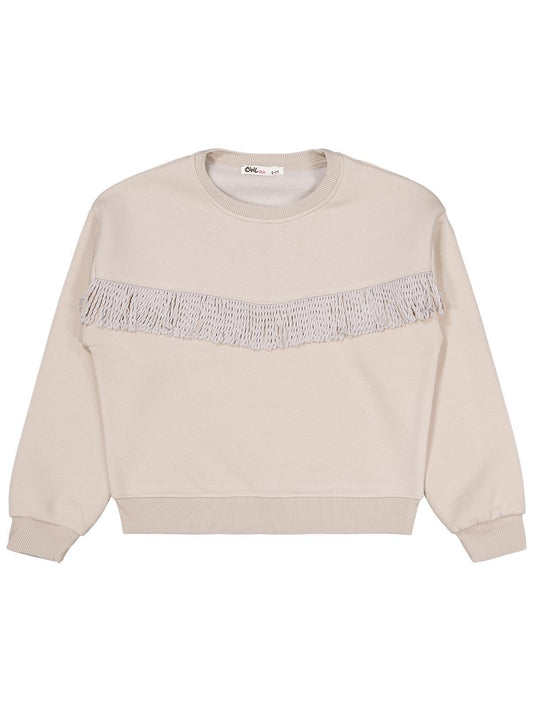 Civil Kız Çocuk Püsküllü Sweatshirt | 3 İp Uzun Kol Bisiklet Yaka | Okul Kreş ve Günlük Kullanım - Bej