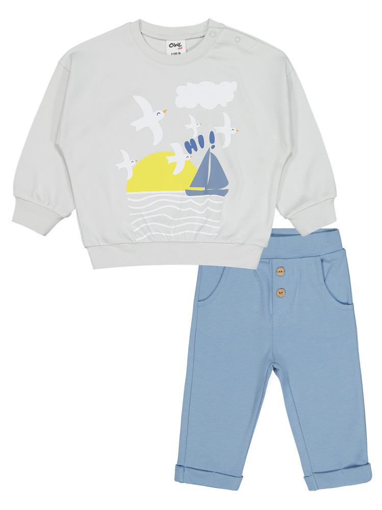 Civil Baby Kuş Baskılı 6-18 Ay Takım - Uçuk Gri