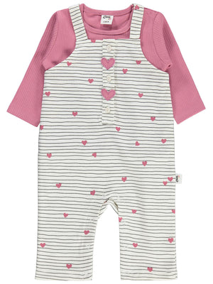 Civil Baby Çizgi Kalp Empirme 6-18 Ay Tulum - Ekru