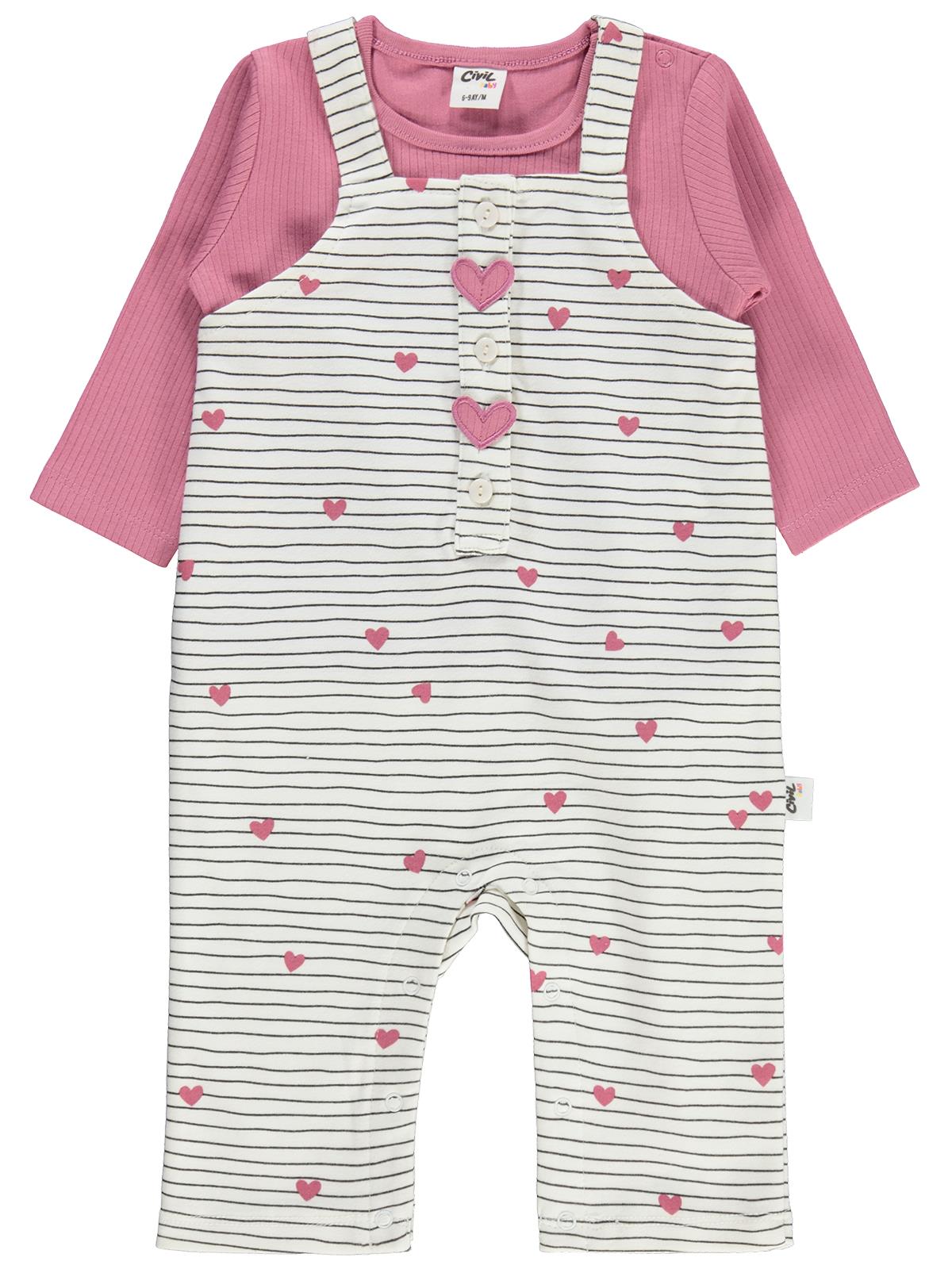 Civil Baby Çizgi Kalp Empirme 6-18 Ay Tulum - Ekru