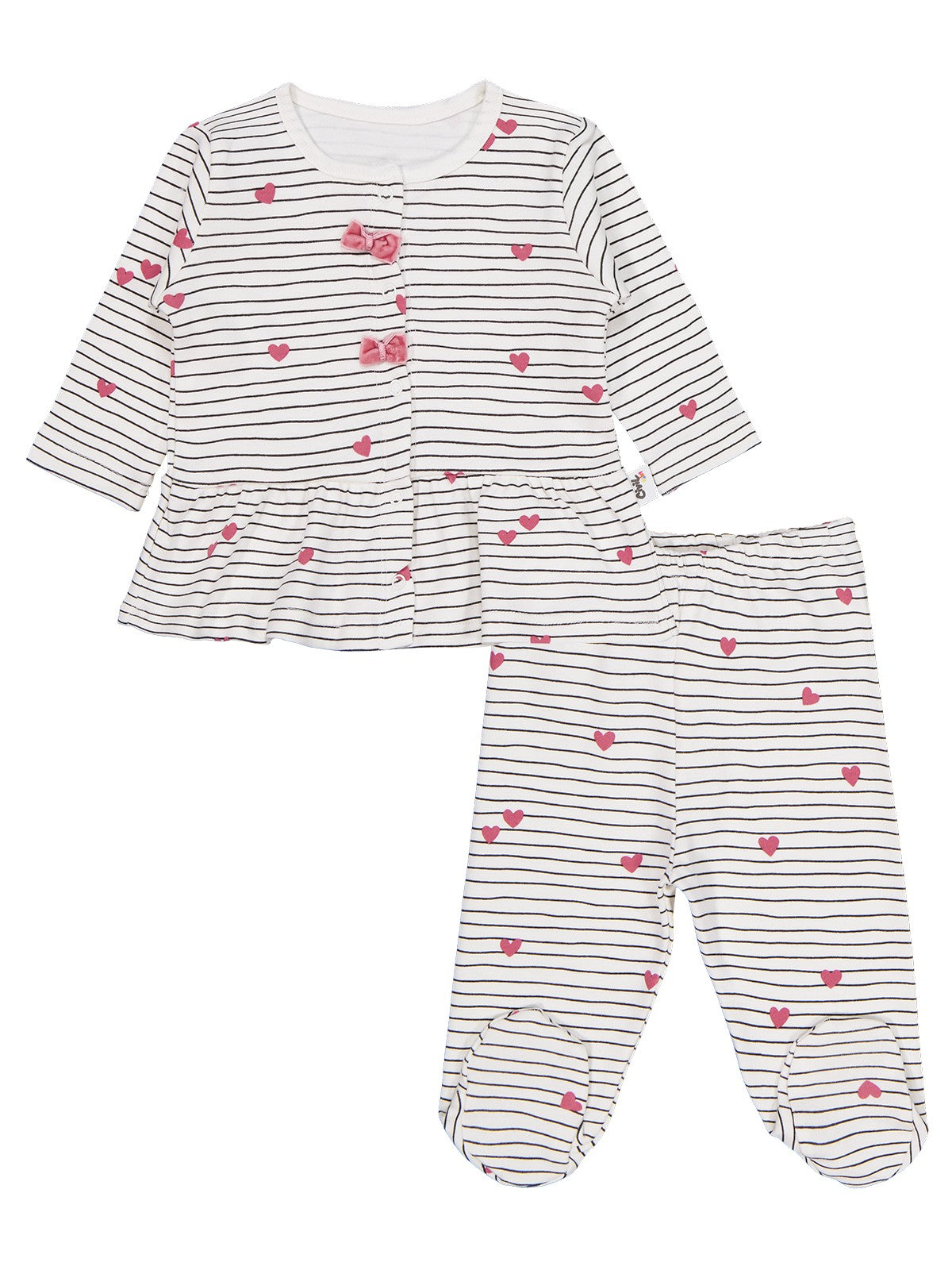 Civil Baby Çizgi Kalp Empirme 1-9 Ay Pijama Takımı - Ekru
