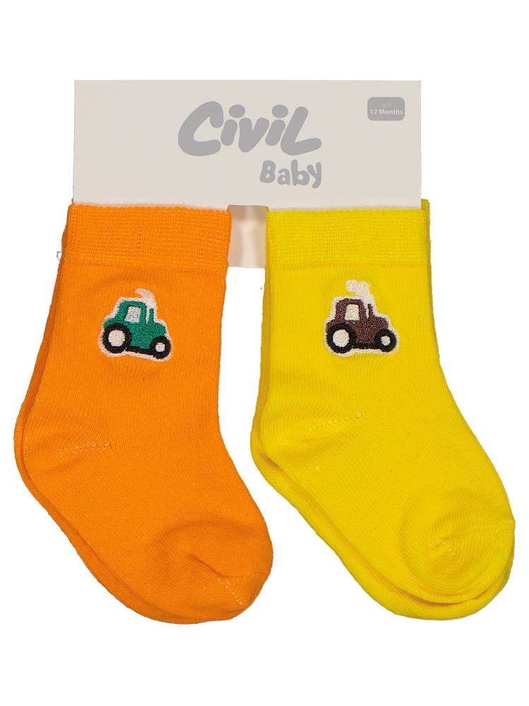 Civil Baby Traktör Aksesuar Nakışlı 2'li 6-18 Ay Bebek Erkek Çorap Set - Sarı
