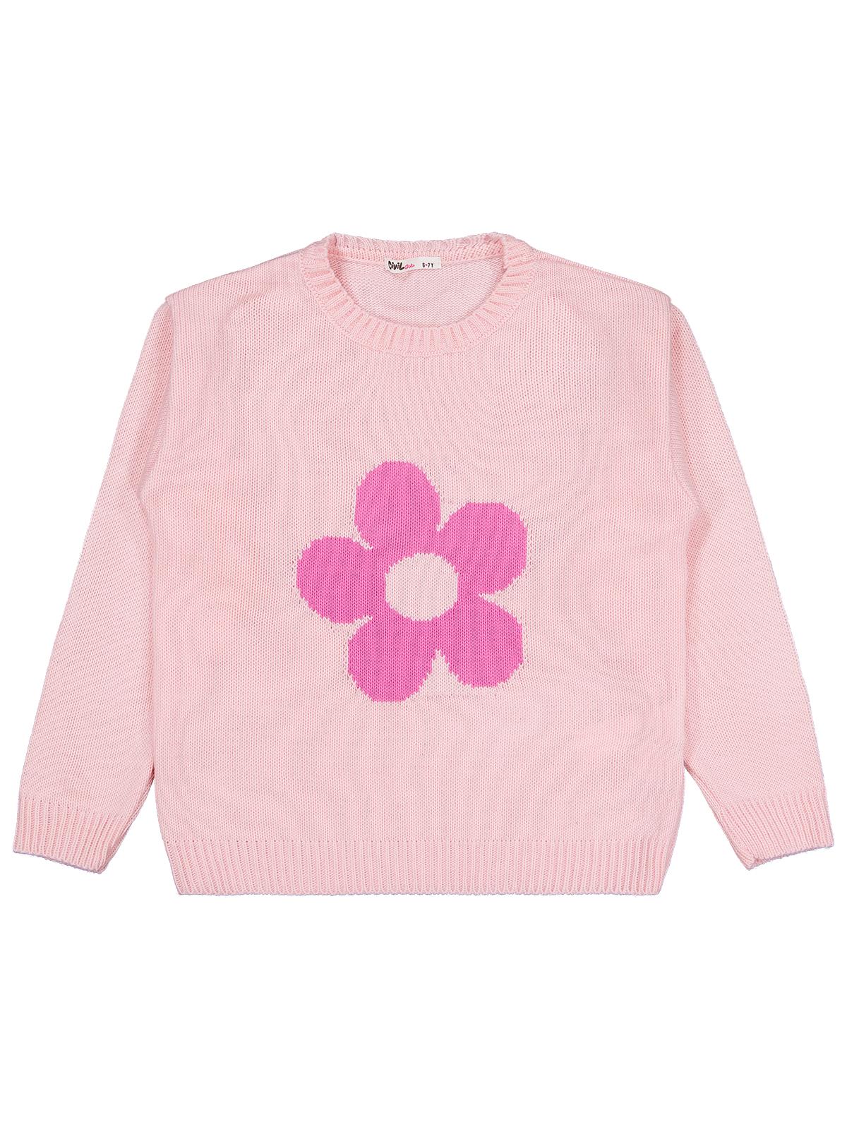 Civil Girls Büyük Çiçek Desenli 6-9 Yaş Kazak - Pembe