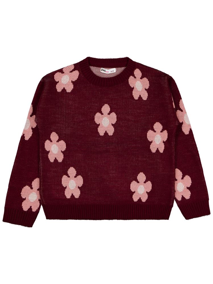 Civil Girls Papatya Desenli 6-9 Yaş Kazak - Bordo