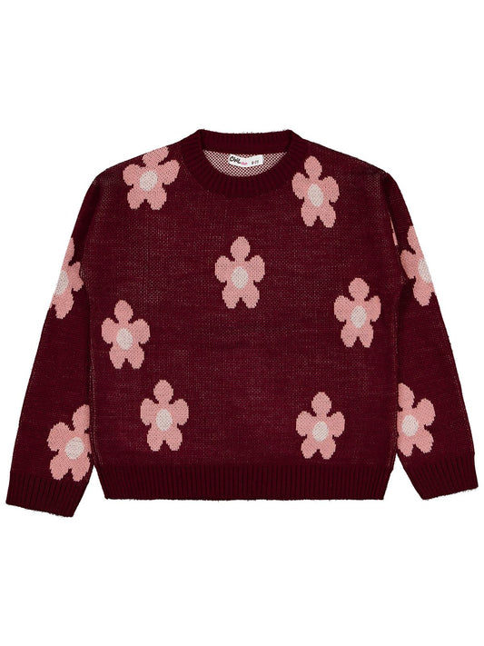 Civil Girls Papatya Desenli 6-9 Yaş Kazak - Bordo