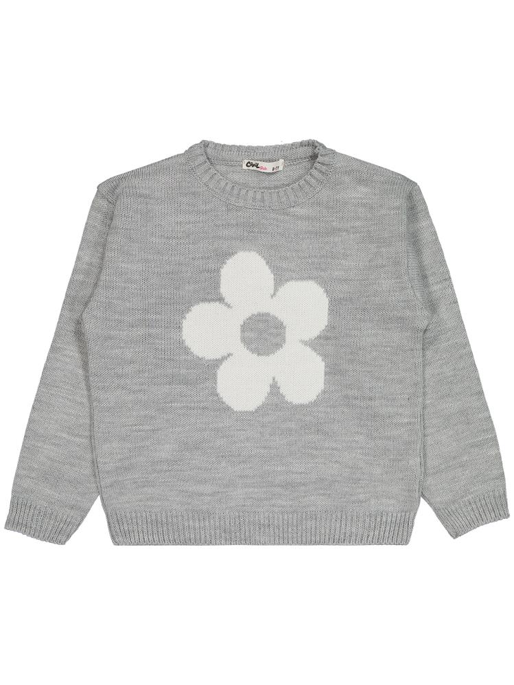 Civil Girls Büyük Çiçek Desenli 6-9 Yaş Kazak - Gri