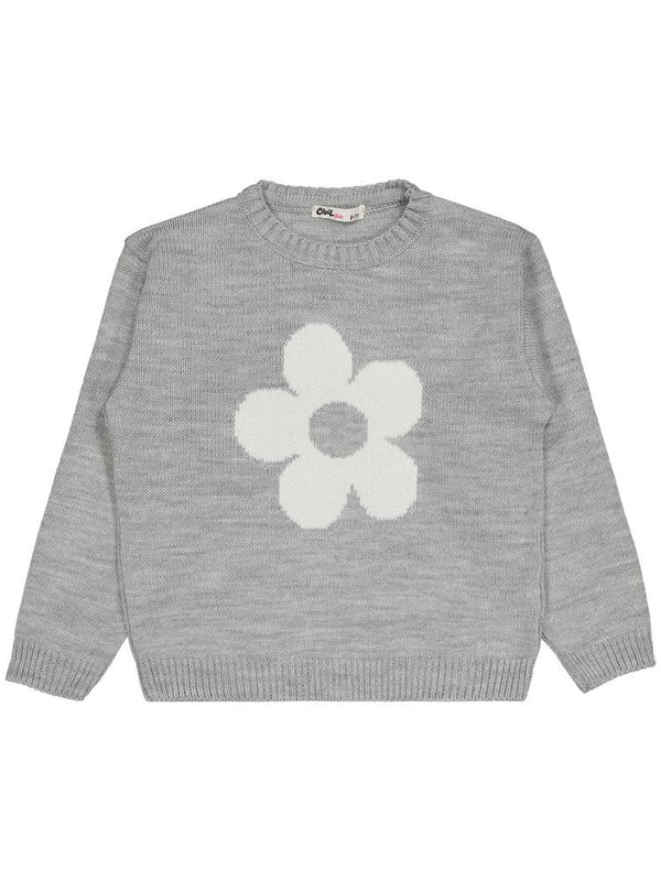 Civil Girls Büyük Çiçek Desenli 6-9 Yaş Kazak - Gri