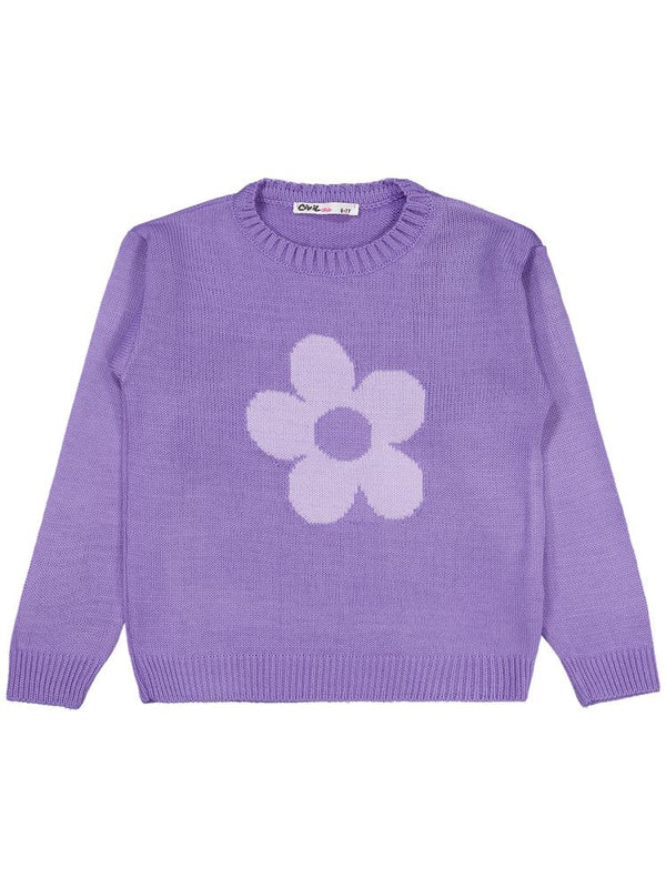 Civil Girls Büyük Çiçek Desenli 6-9 Yaş Kazak - Lila