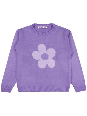 Civil Girls Büyük Çiçek Desenli 6-9 Yaş Kazak - Lila