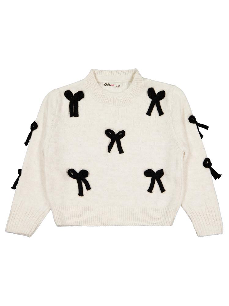 Civil Girls Fiyonk Aksesuarlı 6-9 Yaş Kazak - Ekru