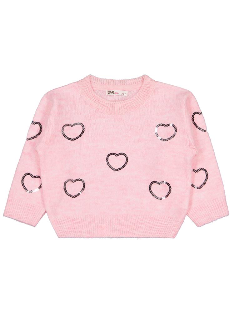 Civil Girls Pullu Kalp Nakışlı 2-5 Yaş Kazak - Pembe