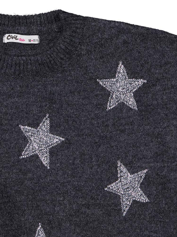 Civil Girls Yıldız Taş Baskılı 10-13 Yaş Kazak - Gri