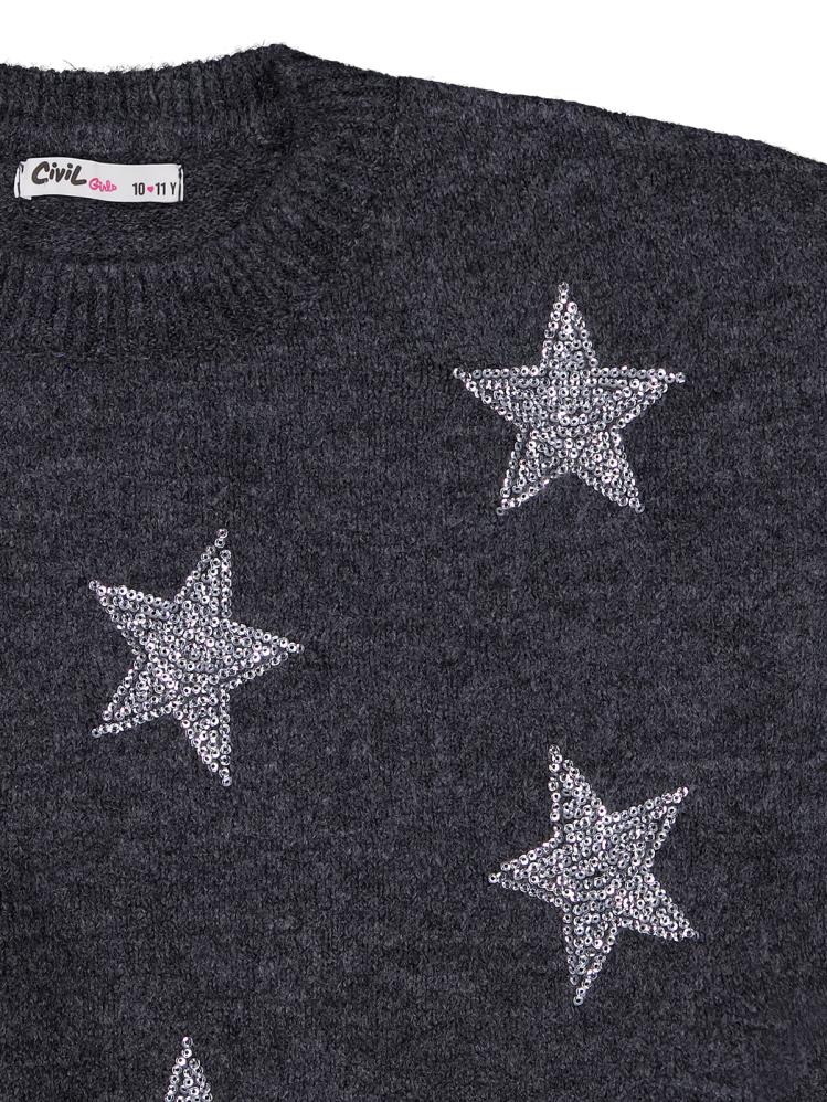 Civil Girls Yıldız Taş Baskılı 10-13 Yaş Kazak - Gri