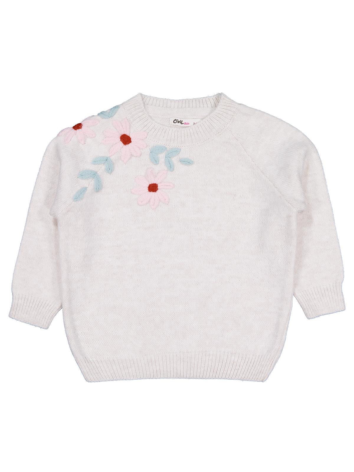 Civil Girls Çiçek Nakışlı 2-5 Yaş Kazak - Bej