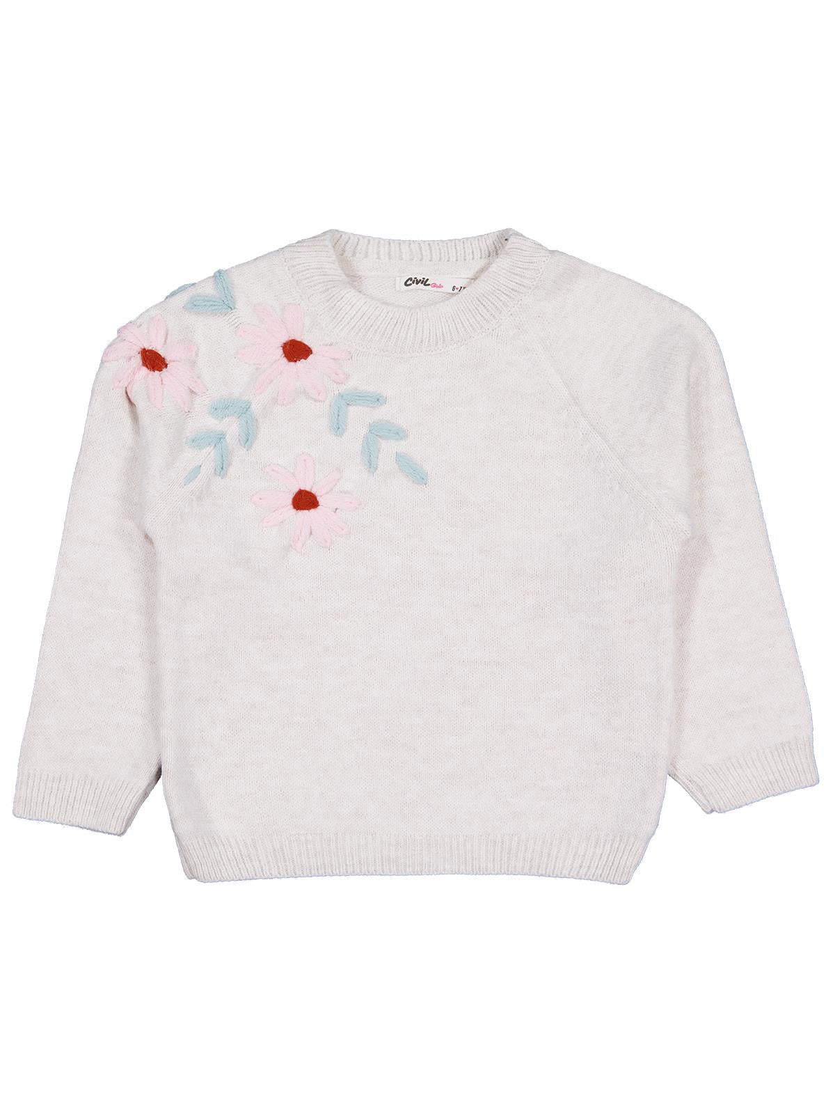 Civil Girls Çiçek Nakışlı 6-9 Yaş Kazak - Bej