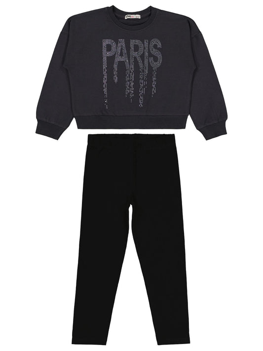 Civil Girls Paris Taş Baskılı 6-9 Yaş Takım - Gri