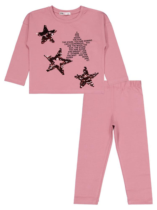 Civil Girls Simli Yıldız Baskılı 2-5 Yaş Takım - Pembe