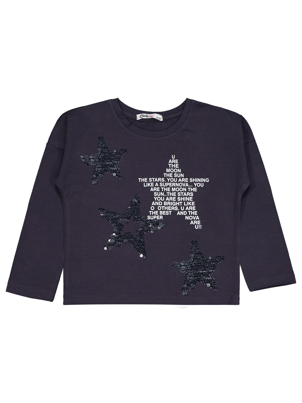 Civil Girls Simli Yıldız Baskılı 2-5 Yaş Takım - Gri