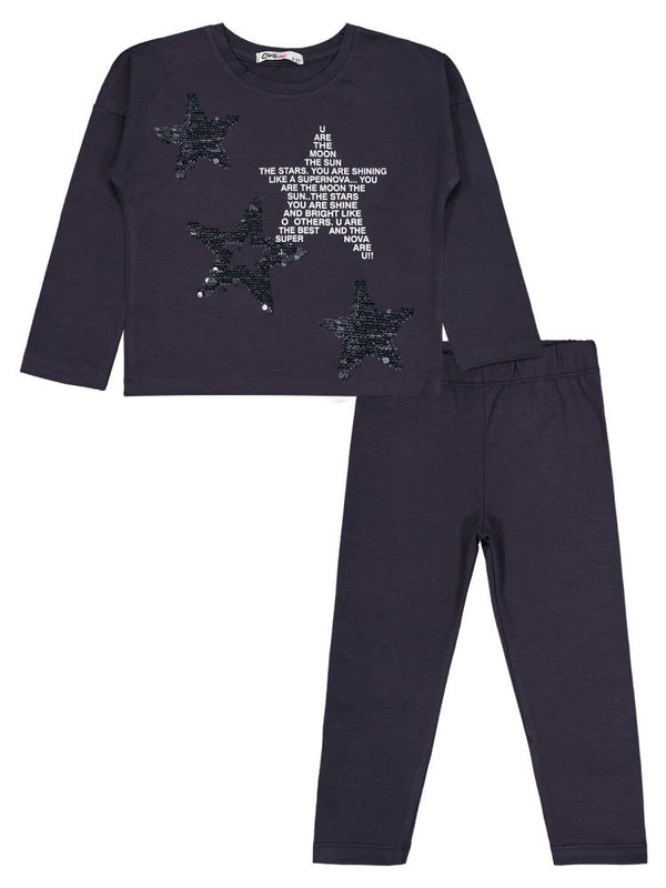 Civil Girls Simli Yıldız Baskılı 2-5 Yaş Takım - Gri