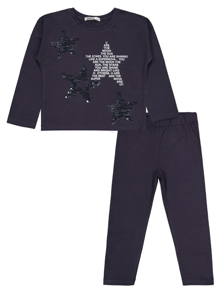 Civil Girls Simli Yıldız Baskılı 2-5 Yaş Takım - Gri