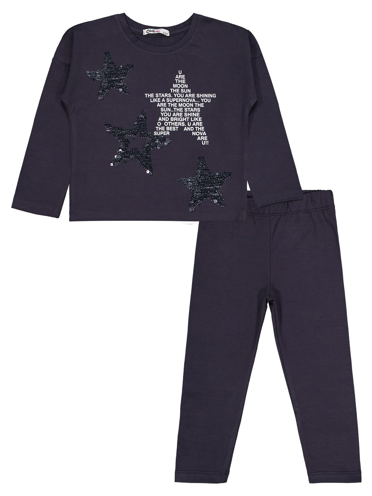 Civil Girls Simli Yıldız Baskılı 2-5 Yaş Takım - Gri