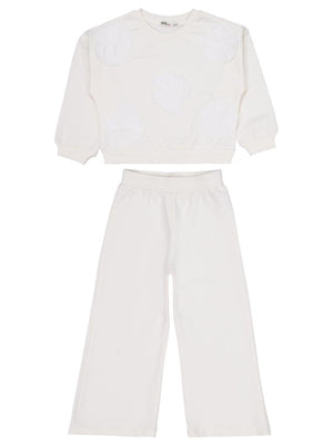 Civil Girls Çiçek Aksesuarlı  2-5 Yaş Eşofman Takımı - Ekru