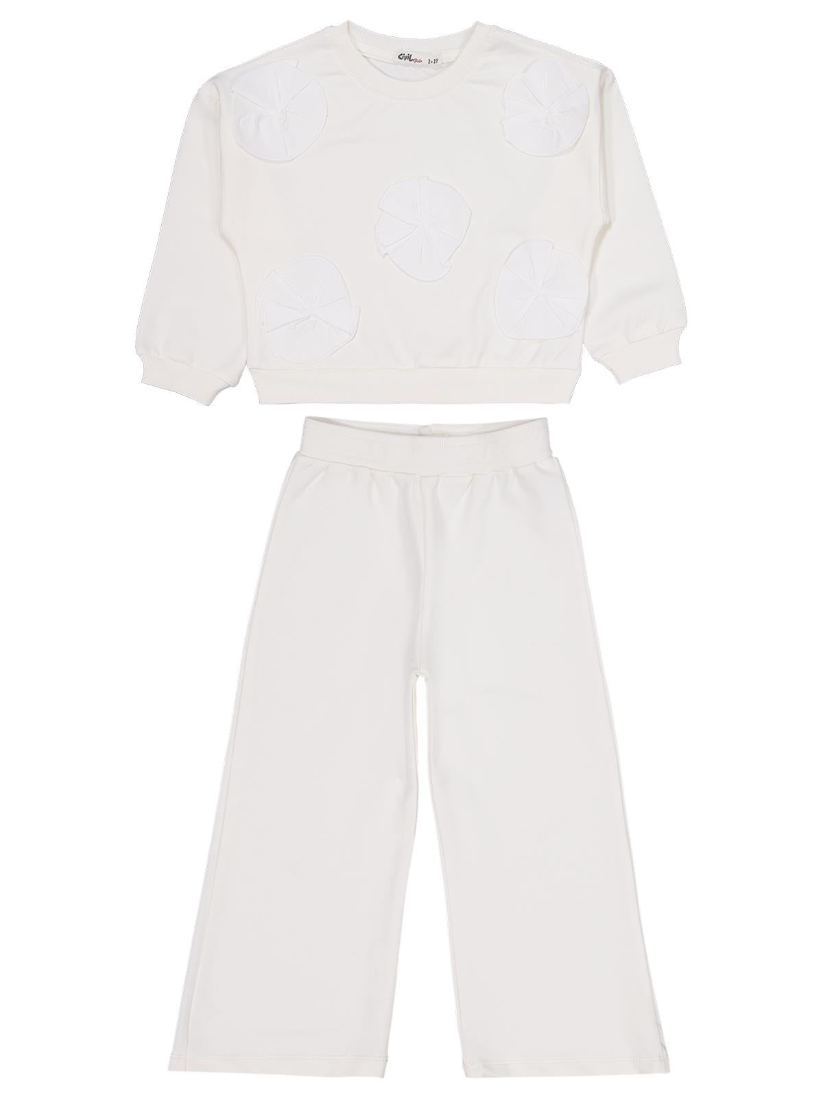 Civil Girls Çiçek Aksesuarlı  2-5 Yaş Eşofman Takımı - Ekru