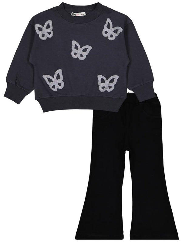 Civil Girls Simli Kelebek Baskılı 2-5 Yaş Takım - Gri