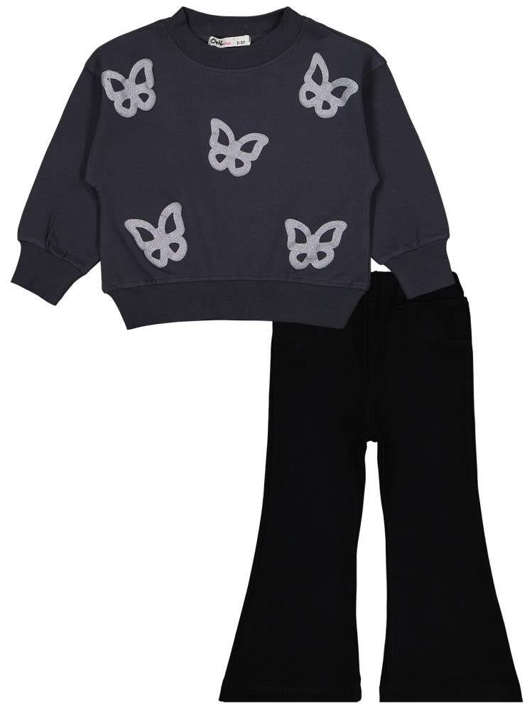 Civil Girls Simli Kelebek Baskılı 2-5 Yaş Takım - Gri