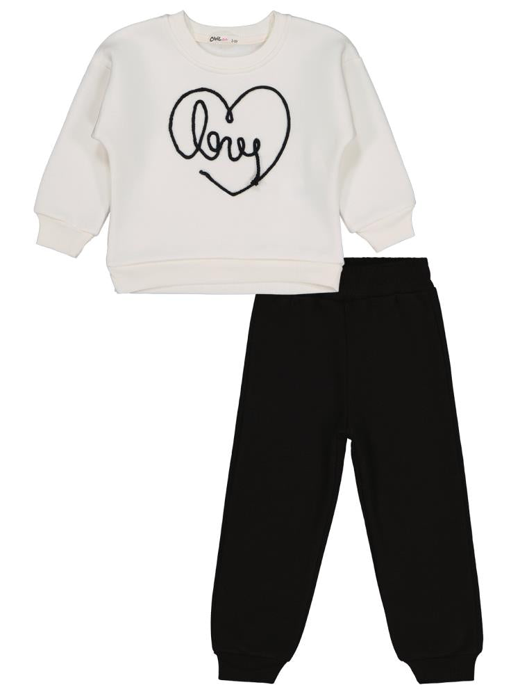 Civil Girls Kalpli Love Nakışlı 2-5 Yaş Eşofman Takımı - Ekru