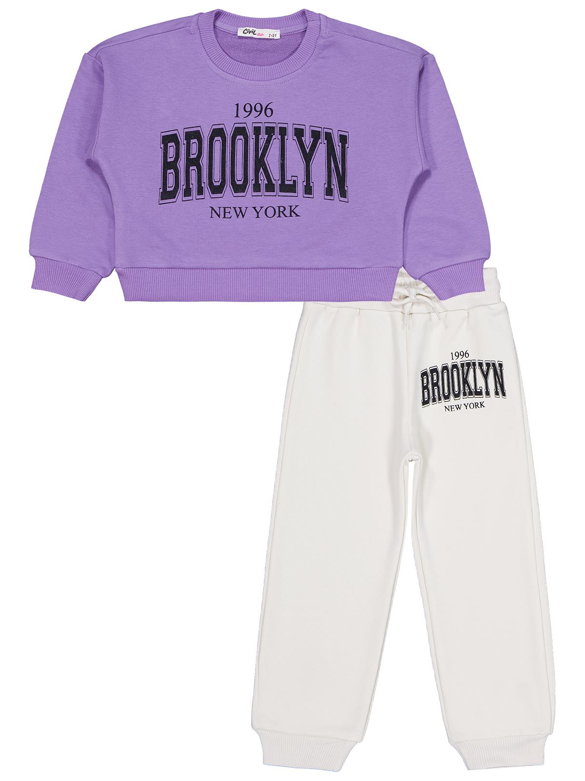 Civil Kız Çocuk Brooklyn Baskılı Eşofman Takımı | Okul Kreş ve Günlük Kullanım - Lila