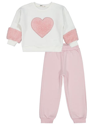 Civil Girls Kalp Nakışlı 2-5 Yaş Eşofman Takımı - Ekru - Pudra