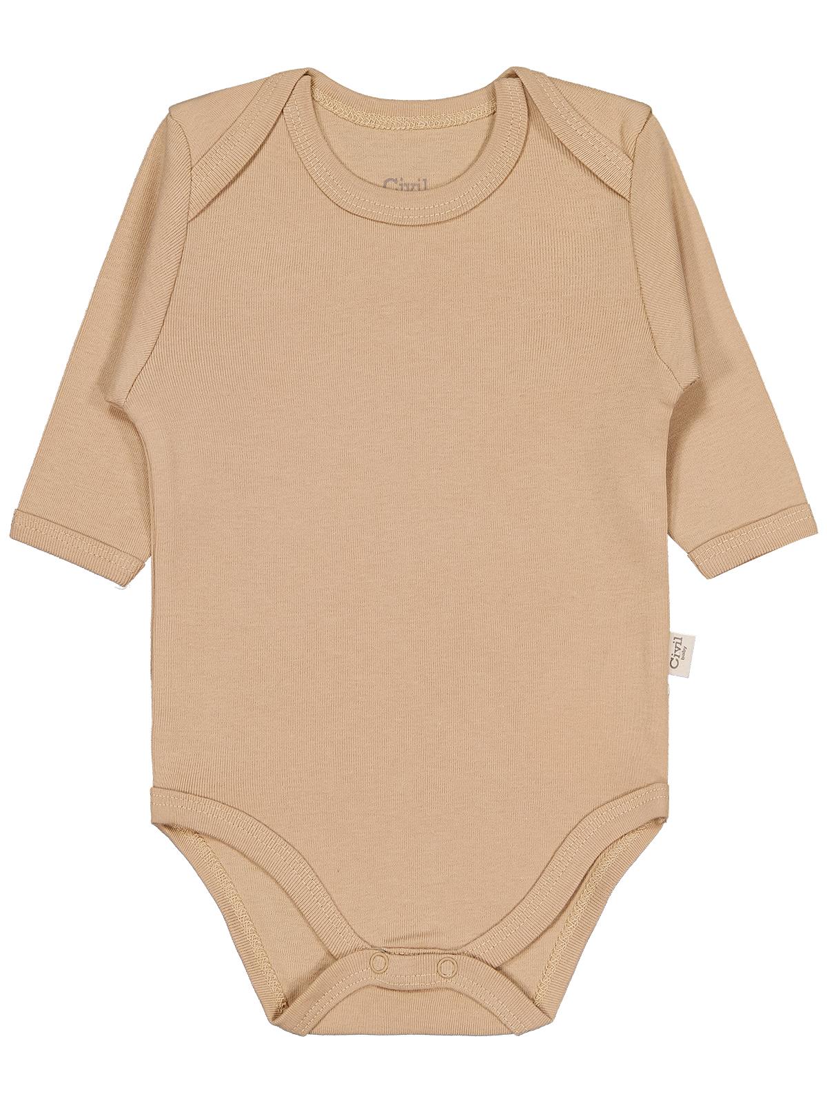 Civil Baby Düz Renkli Uzun Kol 0-1 Ay Çıtçıtlı Badi - Kahverengi