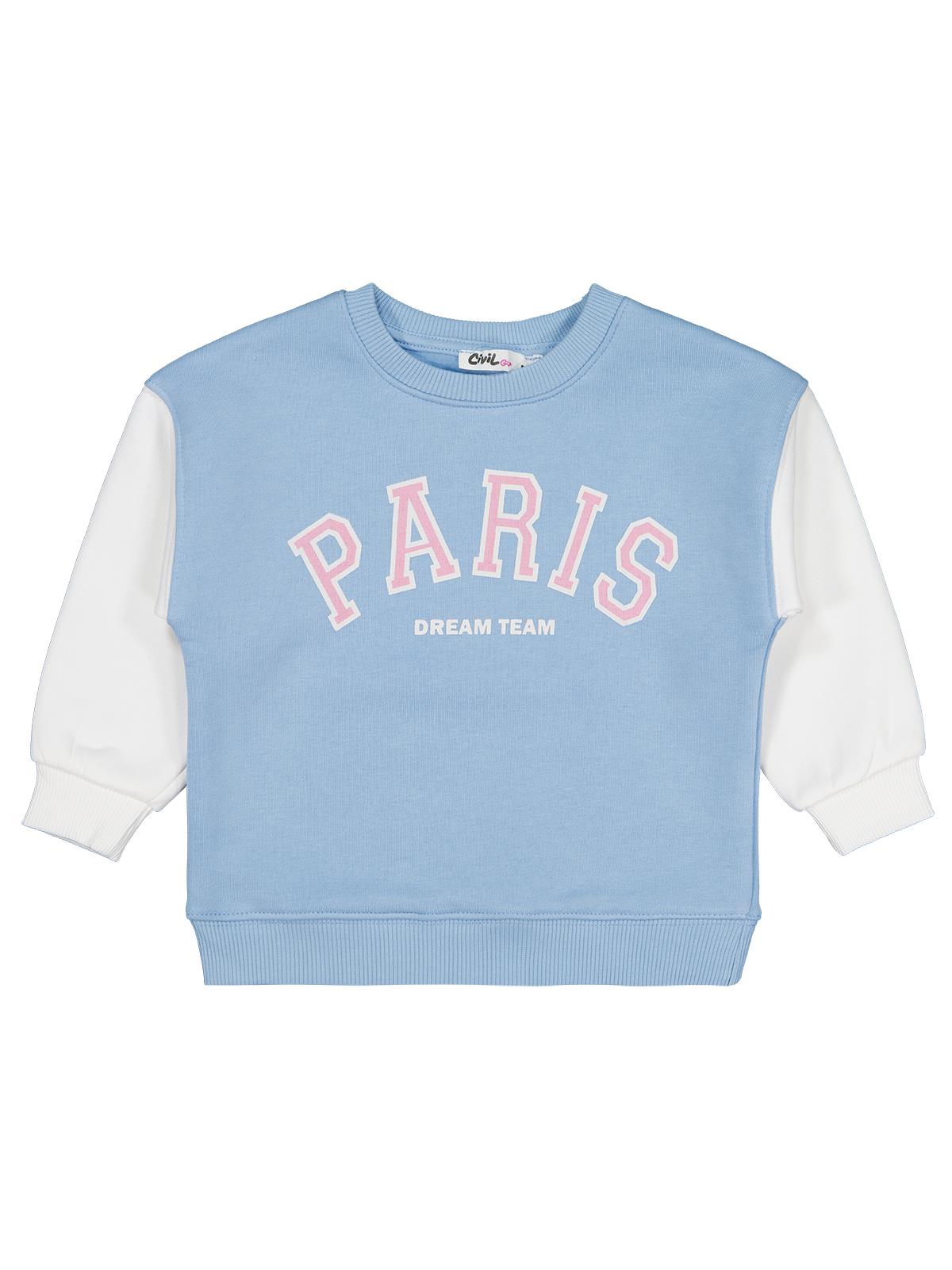 Civil Kız Çocuk Paris Baskılı Sweatshirt | 3 İp Uzun Kol | Okul Kreş ve Günlük Kullanım - Mavi