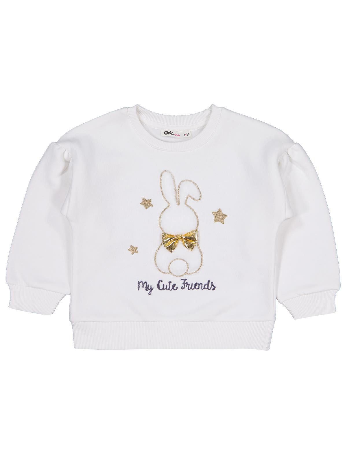 Civil Kız Çocuk Tavşan Nakışlı Sweatshirt | 3 İp Uzun Kol | Okul Kreş ve Günlük Kullanım - Ekru