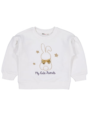 Civil Kız Çocuk Tavşan Nakışlı Sweatshirt | 3 İp Uzun Kol | Okul Kreş ve Günlük Kullanım - Ekru