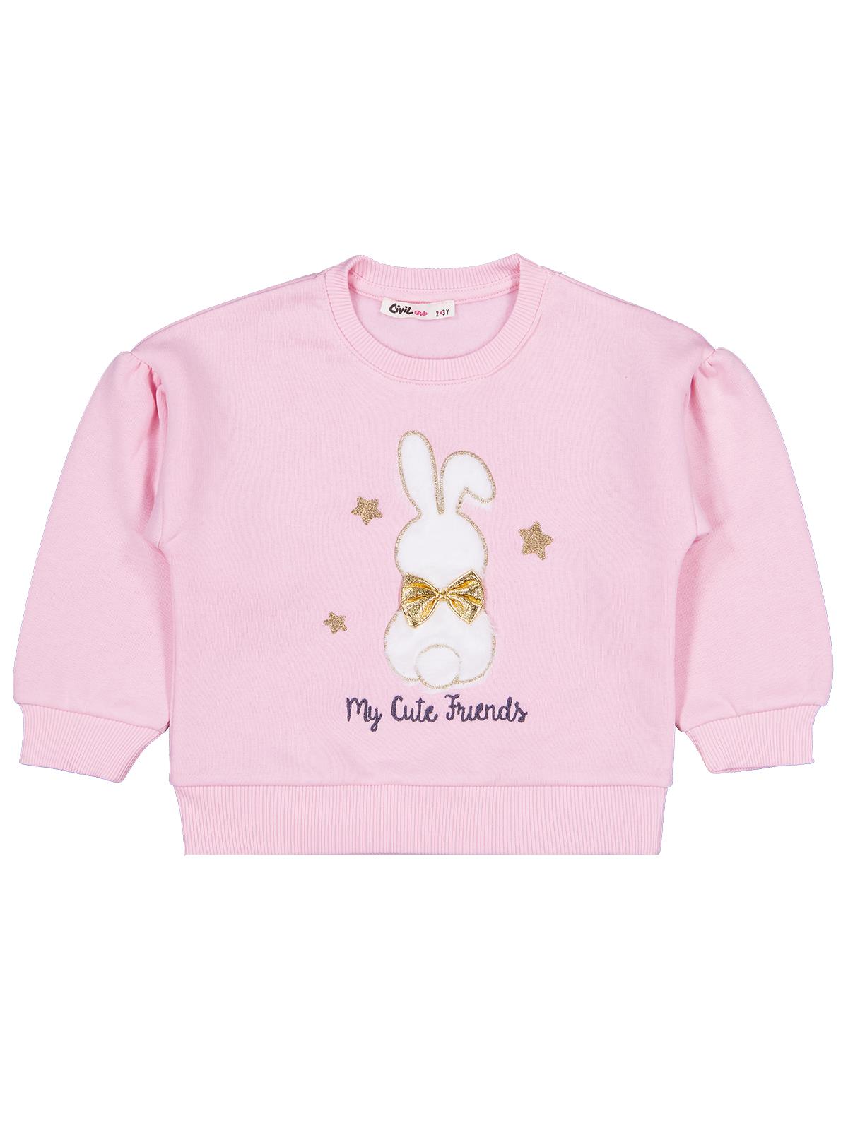 Civil Kız Çocuk Tavşan Nakışlı Sweatshirt | 3 İp Uzun Kol | Okul Kreş ve Günlük Kullanım - Pudra