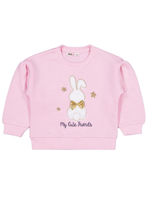 Civil Kız Çocuk Tavşan Nakışlı Sweatshirt | 3 İp Uzun Kol | Okul Kreş ve Günlük Kullanım - Pudra