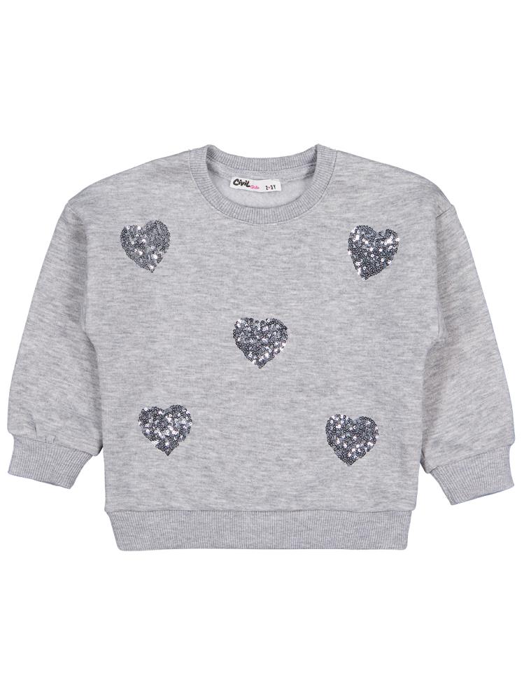 Civil Girls Pullu Kalp Nakışlı 2-5 Yaş Sweatshirt - Gri