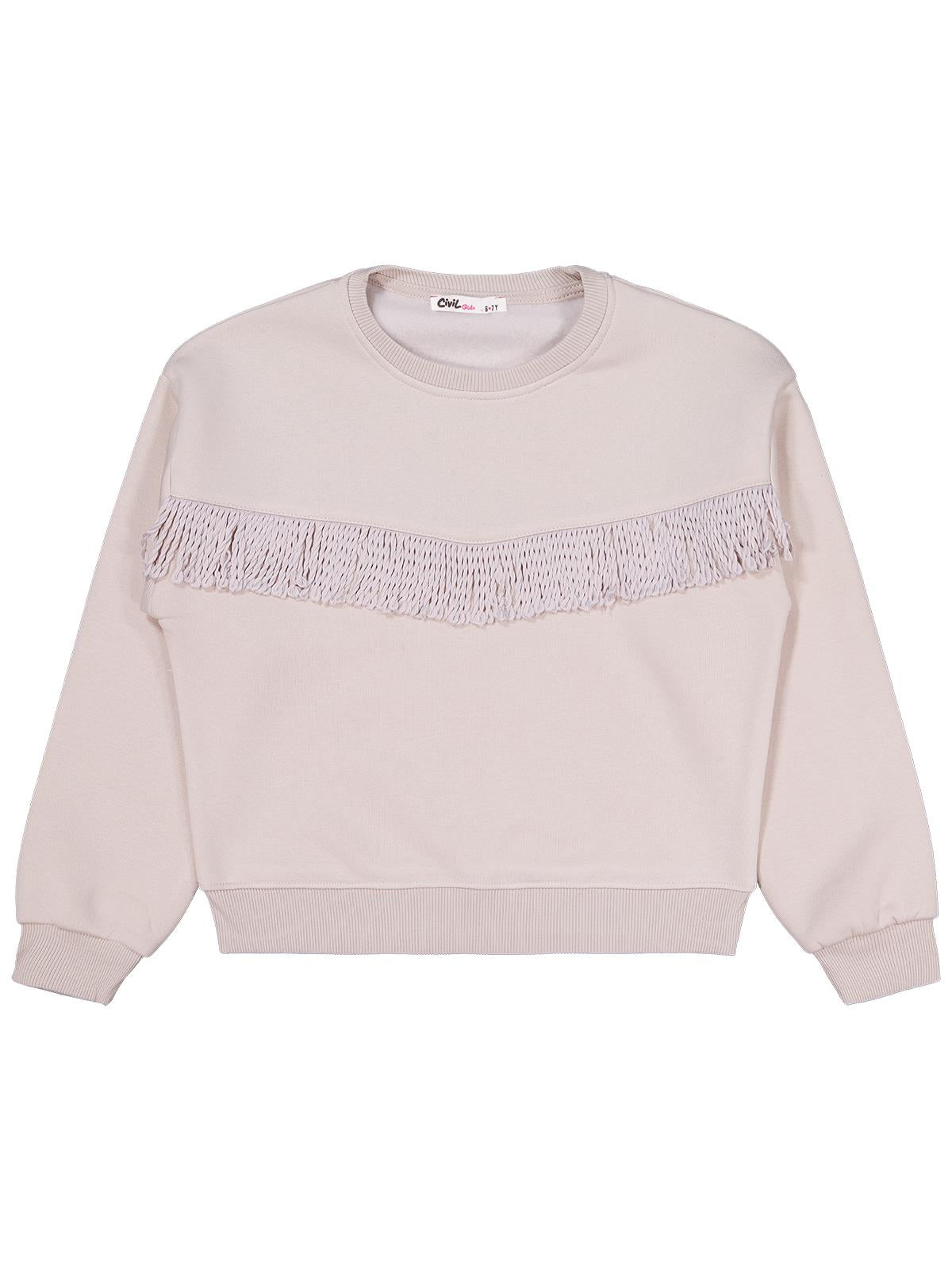 Civil Kız Çocuk Püsküllü Sweatshirt | 3 İp Uzun Kol Bisiklet Yaka | Okul Kreş ve Günlük Kullanım - Bej