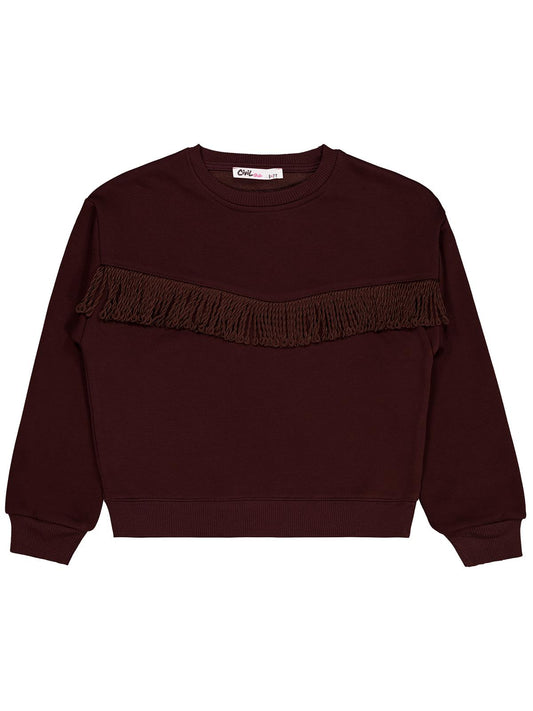 Civil Kız Çocuk Püsküllü Sweatshirt | 3 İp Uzun Kol Bisiklet Yaka | Okul Kreş ve Günlük Kullanım - Kahve