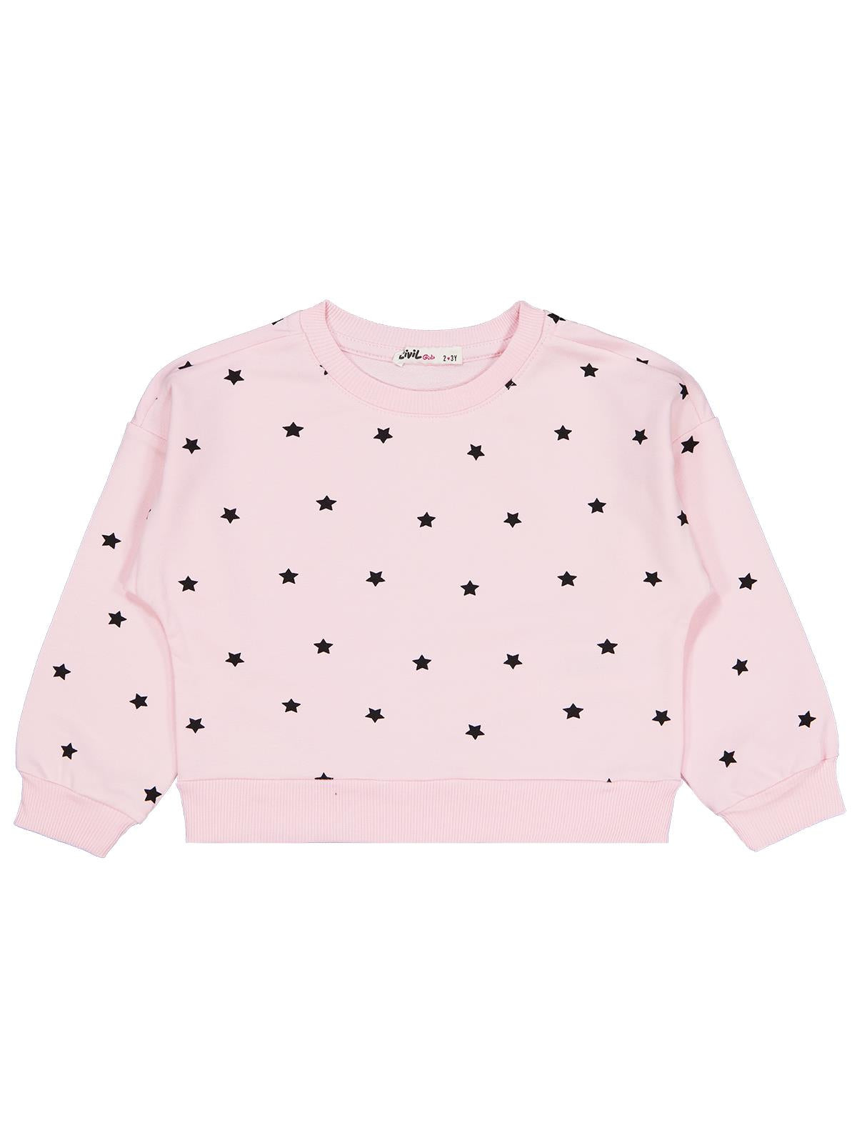 Civil Kız Çocuk Yıldız Baskılı Sweatshirt | 2 İp Uzun Kol | Okul Kreş ve Günlük Kullanım - Pudra