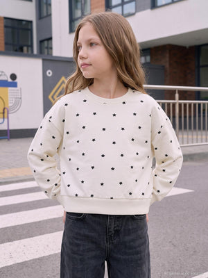 Civil Kız Çocuk Yıldız Baskılı Sweatshirt | 2 İp Uzun Kol | Okul Kreş ve Günlük Kullanım - Ekru