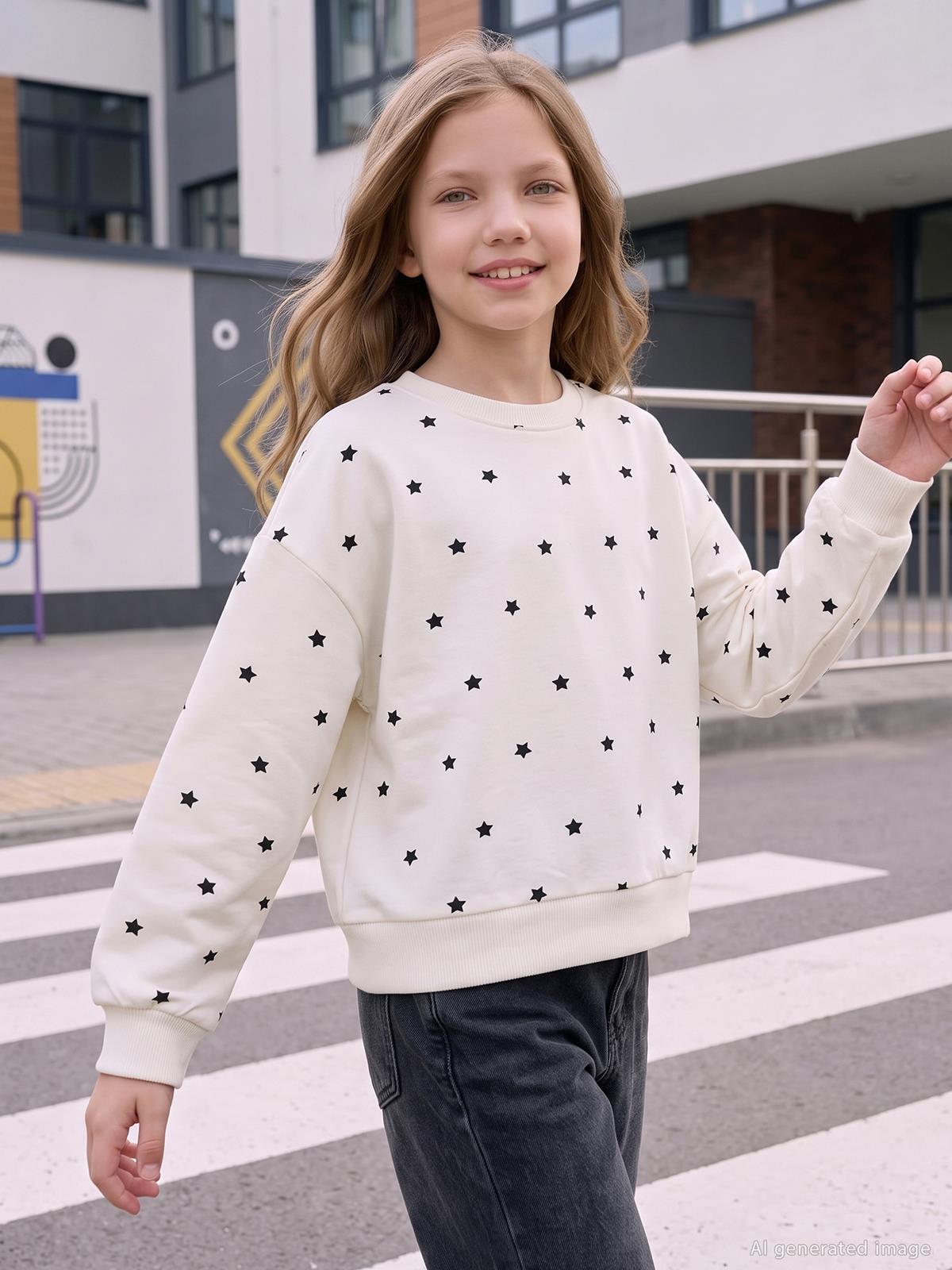 Civil Kız Çocuk Yıldız Baskılı Sweatshirt | 2 İp Uzun Kol | Okul Kreş ve Günlük Kullanım - Ekru