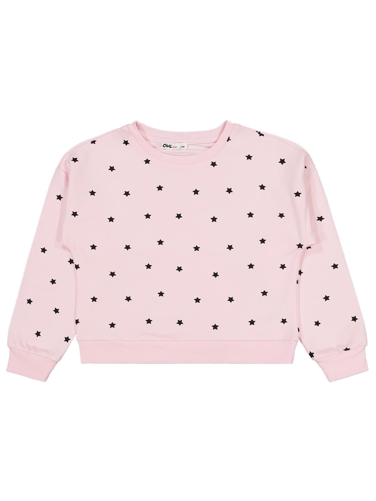 Civil Kız Çocuk Yıldız Baskılı Sweatshirt | 2 İp Uzun Kol | Okul Kreş ve Günlük Kullanım - Pudra
