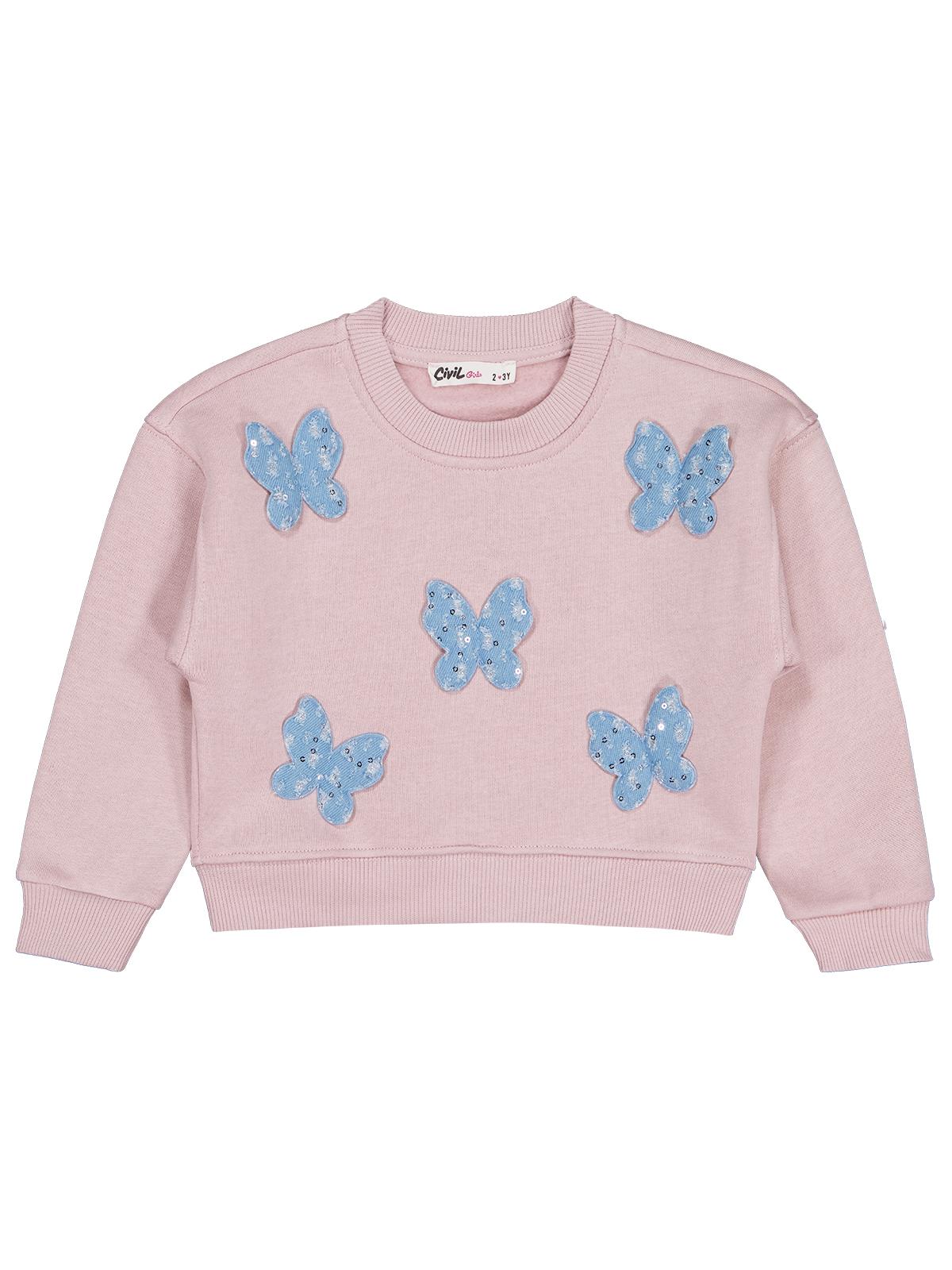 Civil Kız Çocuk Kelebek Aksesuarlı Sweatshirt | 3 İp Uzun Kol | Okul Kreş ve Günlük Kullanım - Pembe
